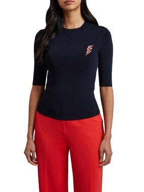 Ted Baker Navy Pleated Knit Top Embroidered Lightning Bolt Size 1